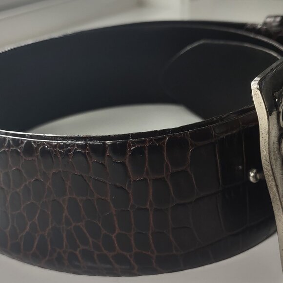Sandy Duftler Brown Leather Skin Tapered Vintage Silver Buckle Belt 45\